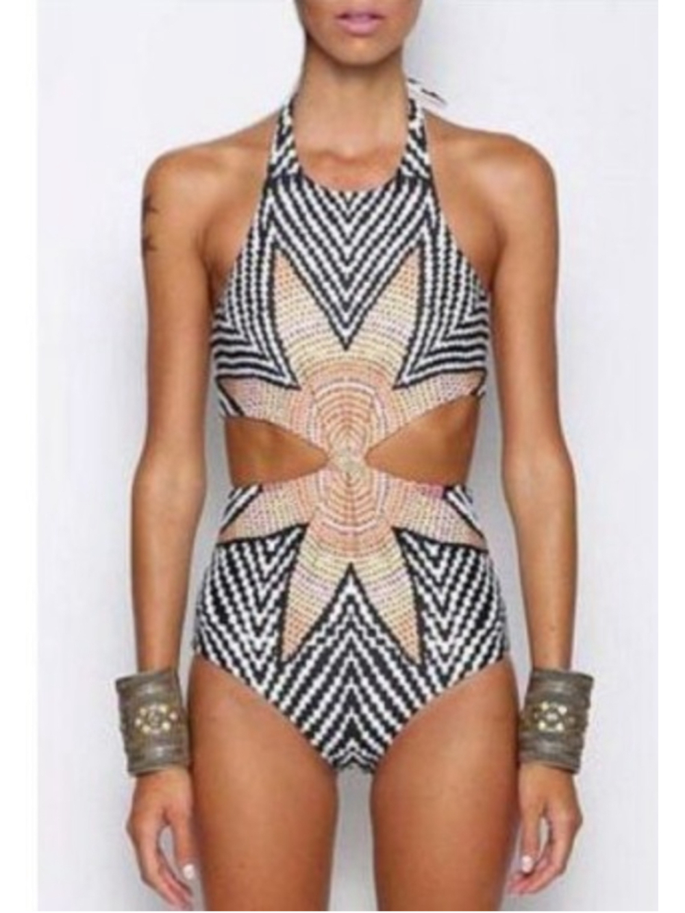 Women's Cutout One Piece Swimsuit XXL Black Pink White Geo Halter Beach Vacay